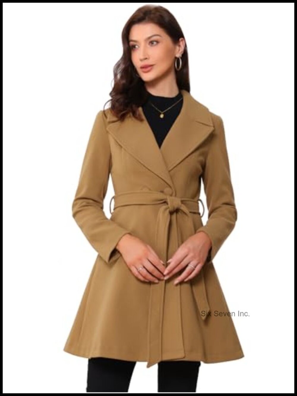 Women's A-Line Peacoat Lapel Work Overcoat with Belt Winter Coat